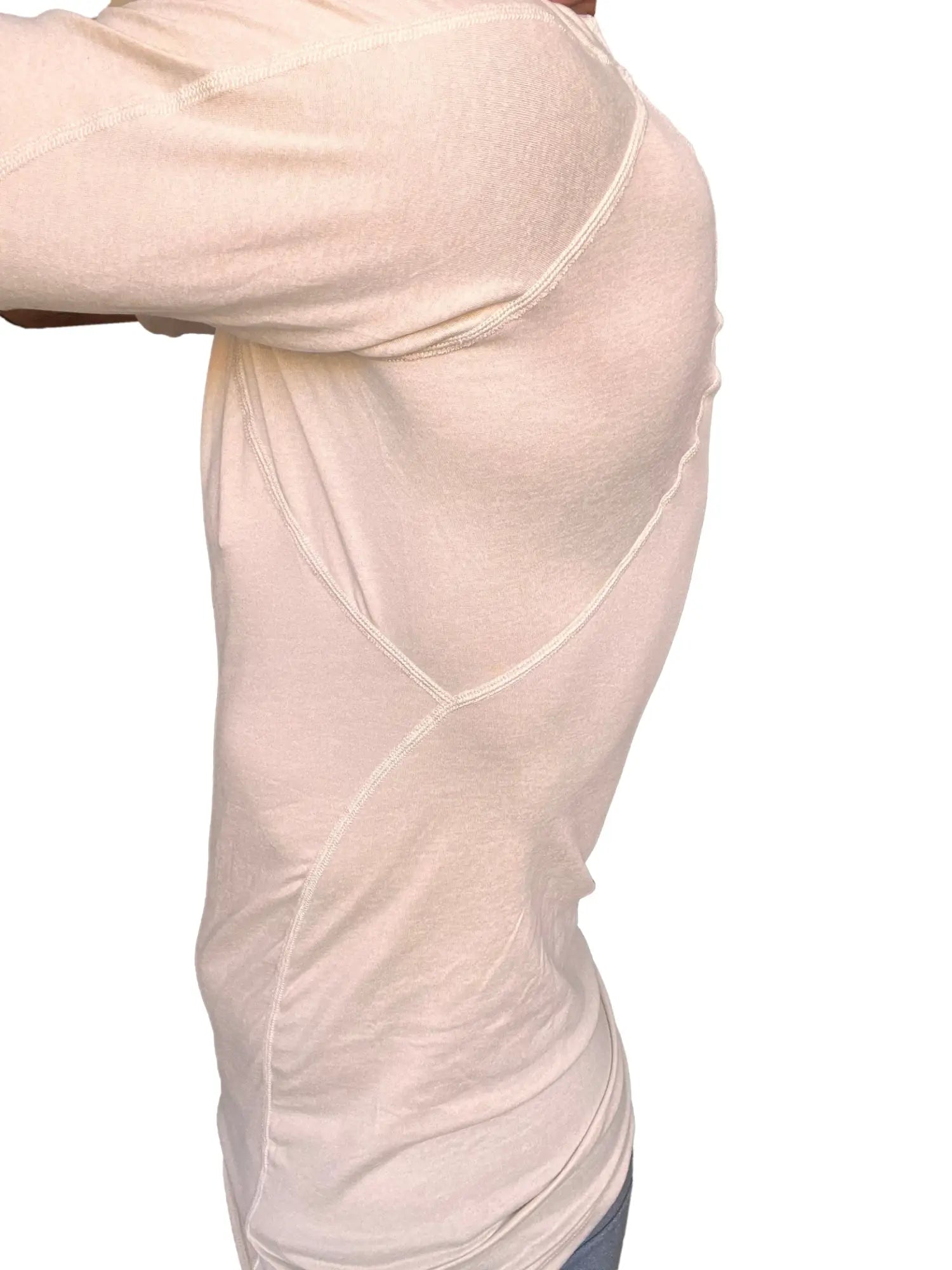 Designer raglan crew-neck tee in sand beige cream color with form-fitting design and subtle seam detailing