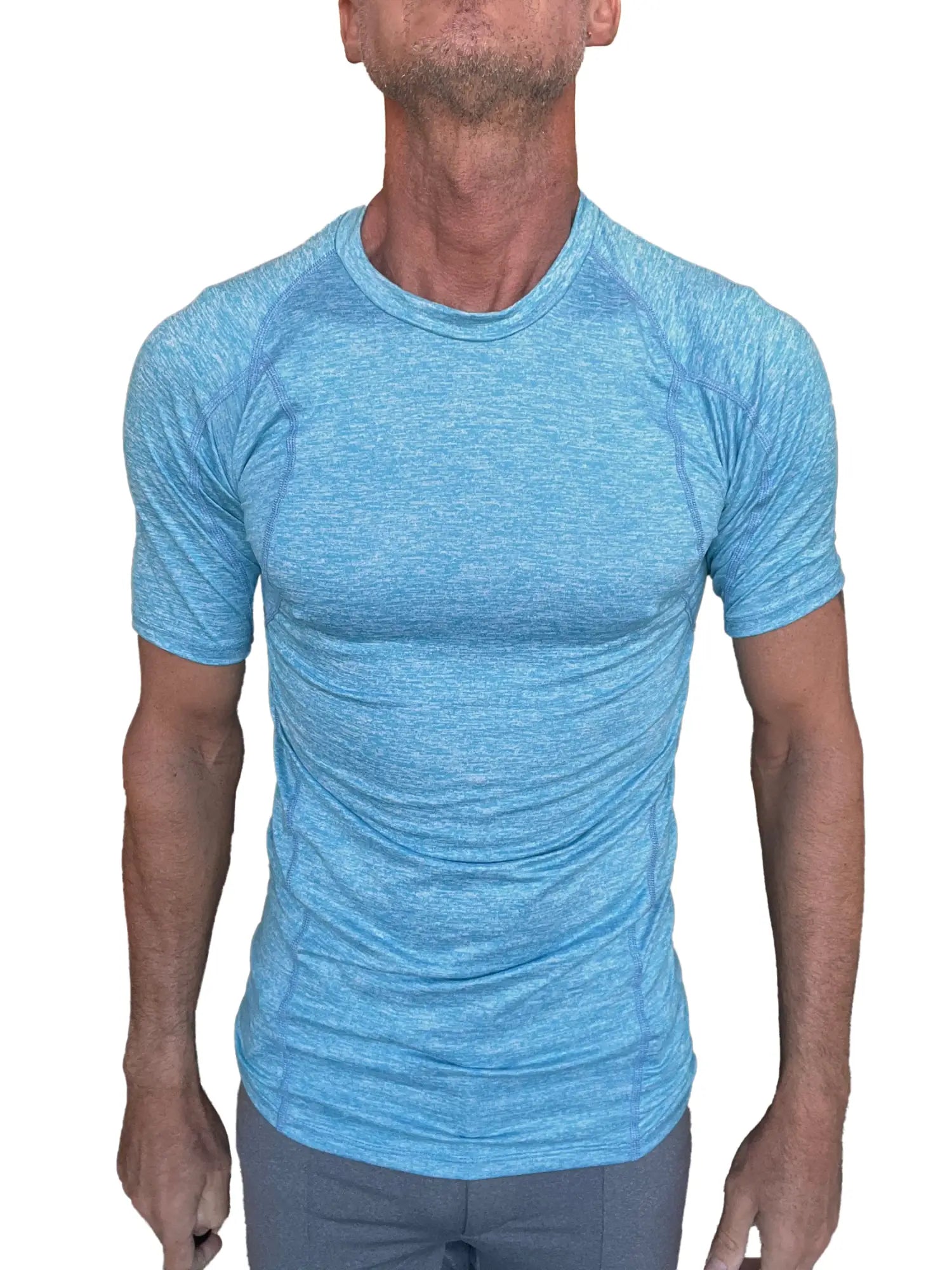 Light blue heathered short sleeve athletic crew neck shirt designed as a designer raglan crew neck tee in solid coral shelf style