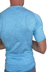 Designer raglan crew-neck tee in solid coral shelf with light blue heathered short-sleeve athletic fitted shirt features ribbed neckline