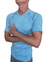 Designer raglan crew-neck tee in light blue heathered fabric with short sleeves and crew neck for athletic wear