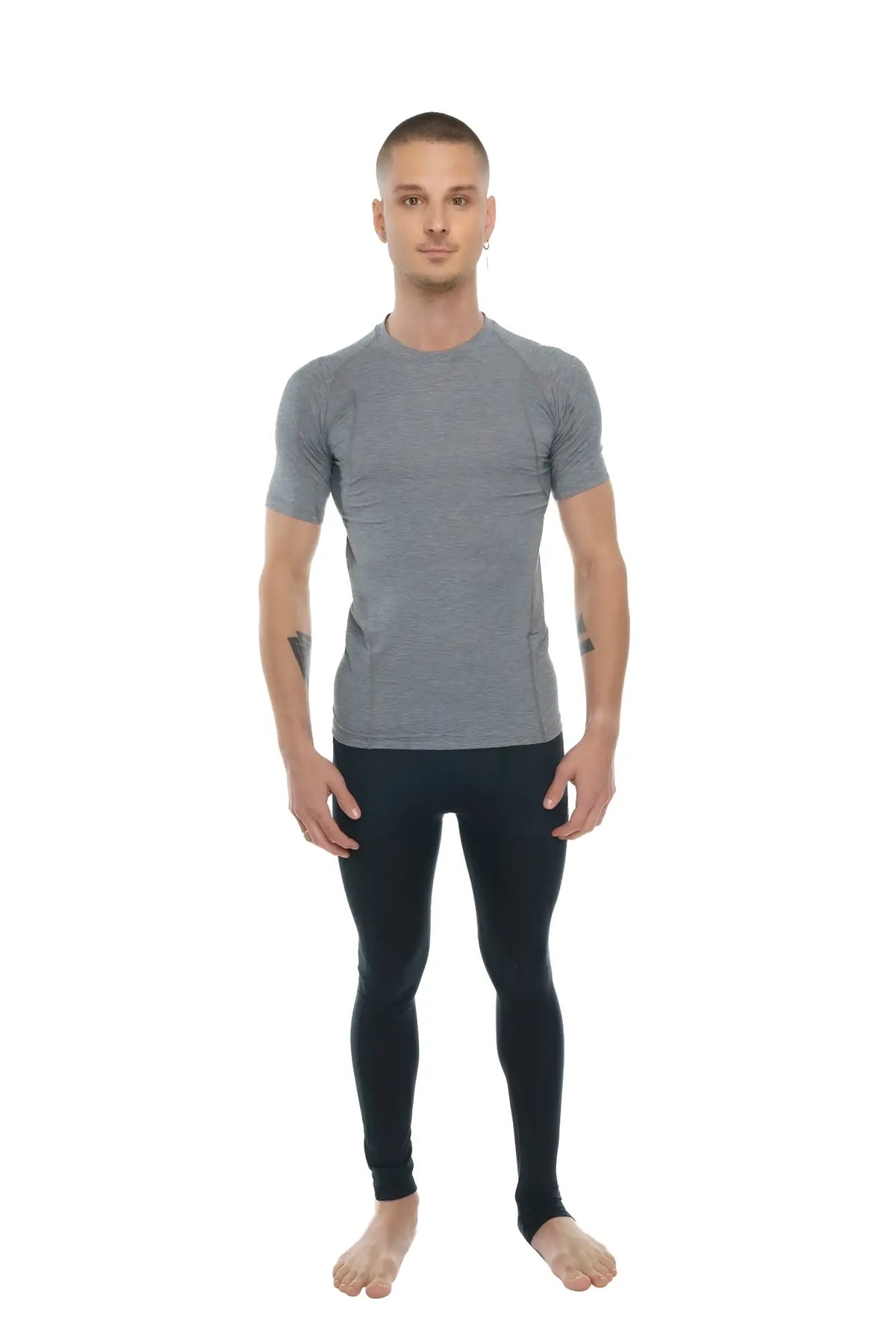Designer raglan crew-neck tee steel gray short-sleeved athletic shirt with gray heathered fabric and subtle seam detailing