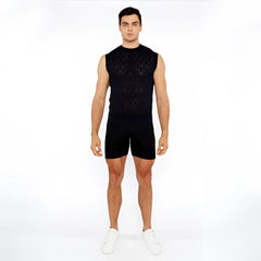 Black sleeveless knit vest with intricate diamond pointelle geometric pattern perfect for layering and style