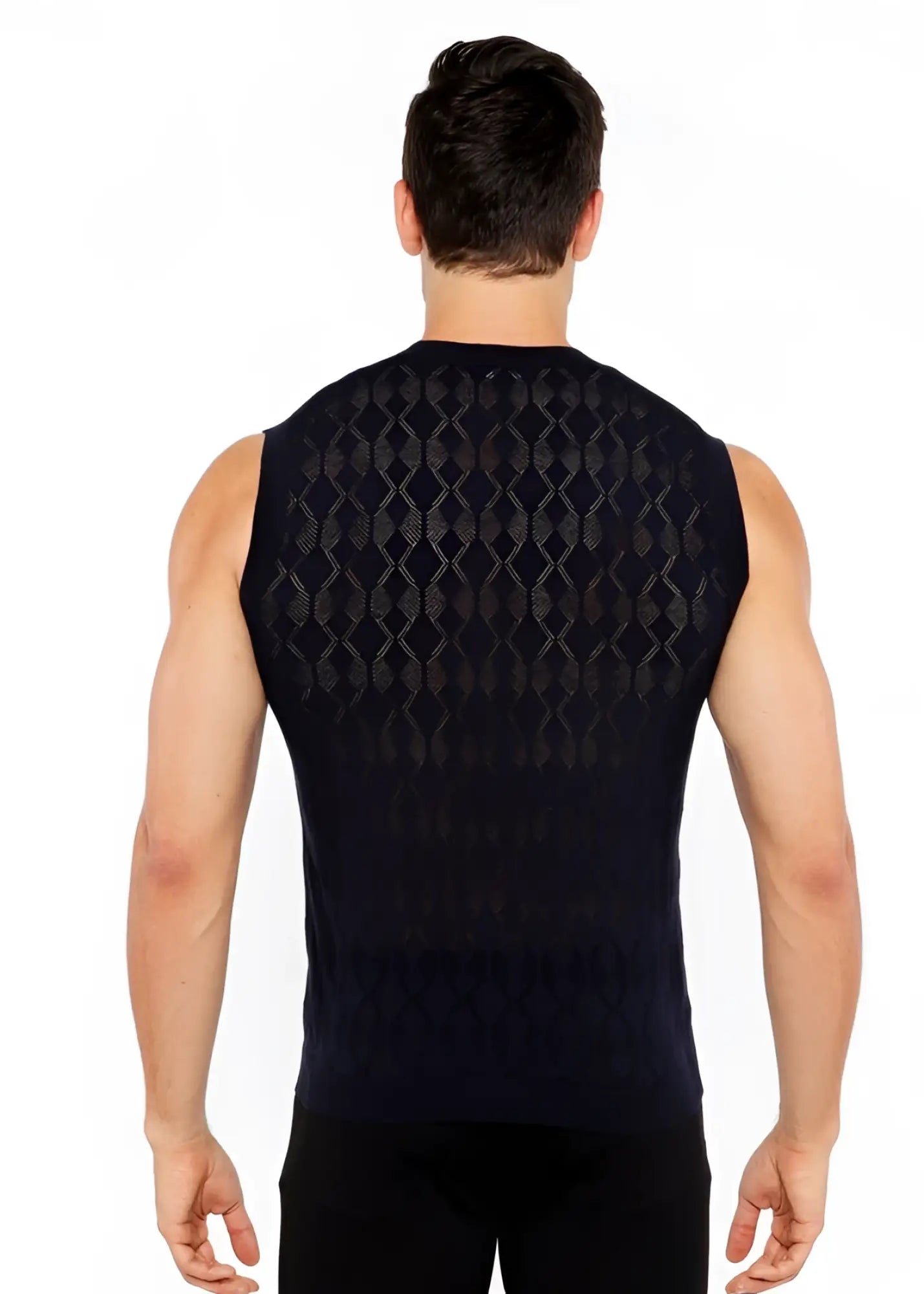 Black sleeveless diamond pointelle knit vest showing the textured diamond pattern on the back side