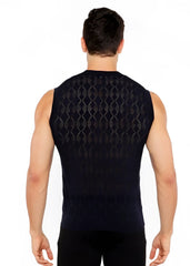 Black sleeveless diamond pointelle knit vest showing the textured diamond pattern on the back side