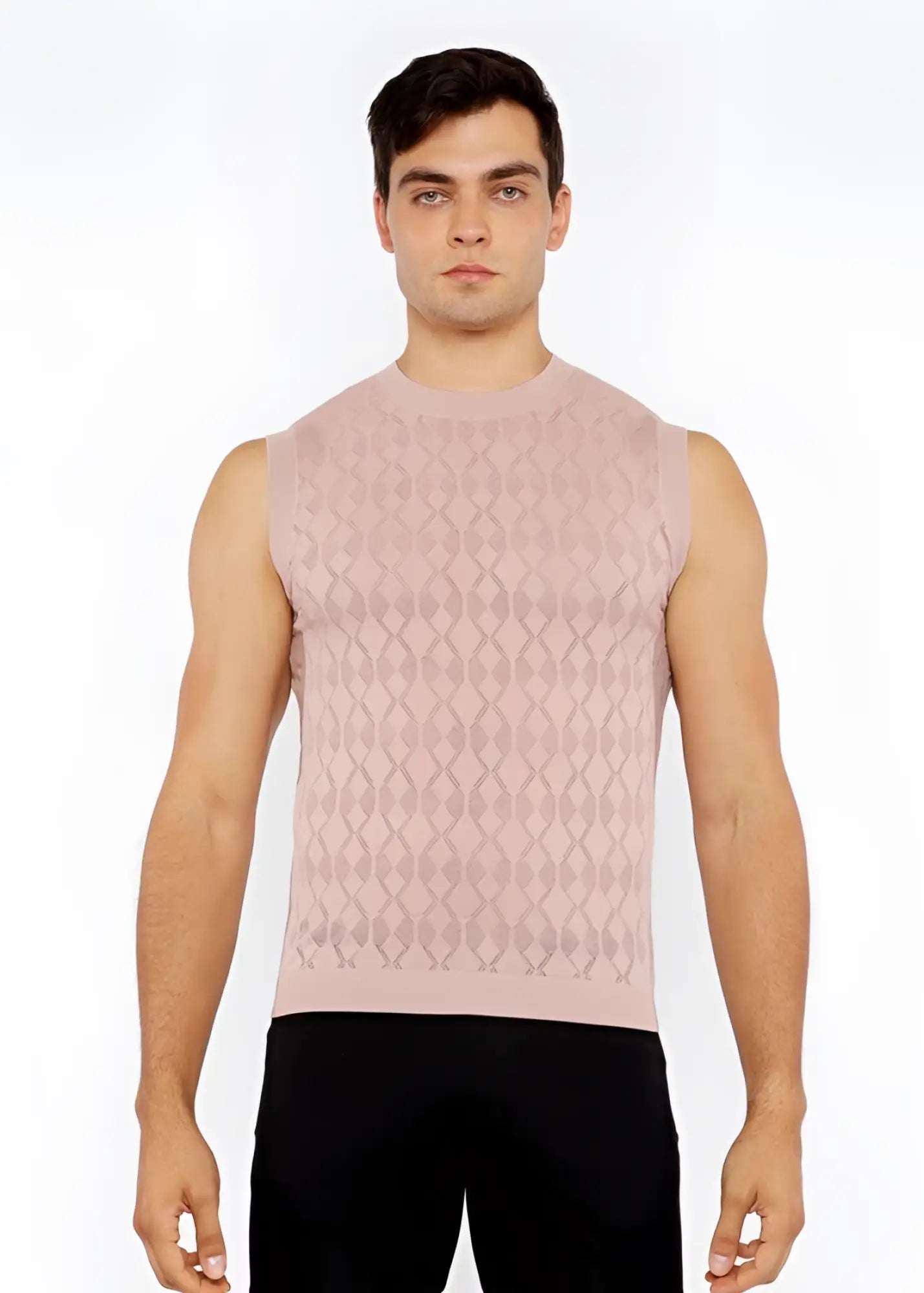 A soft pink sleeveless knit vest with subtle diamond pointelle texture made from lightweight fabric