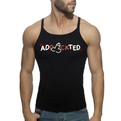 Black tank top with white and red addicted graphic featuring a stylized phallic symbol in the lettering