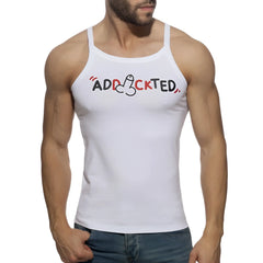 White tank top with addicted graphic in black and red featuring stylized phallic symbol replacing the c