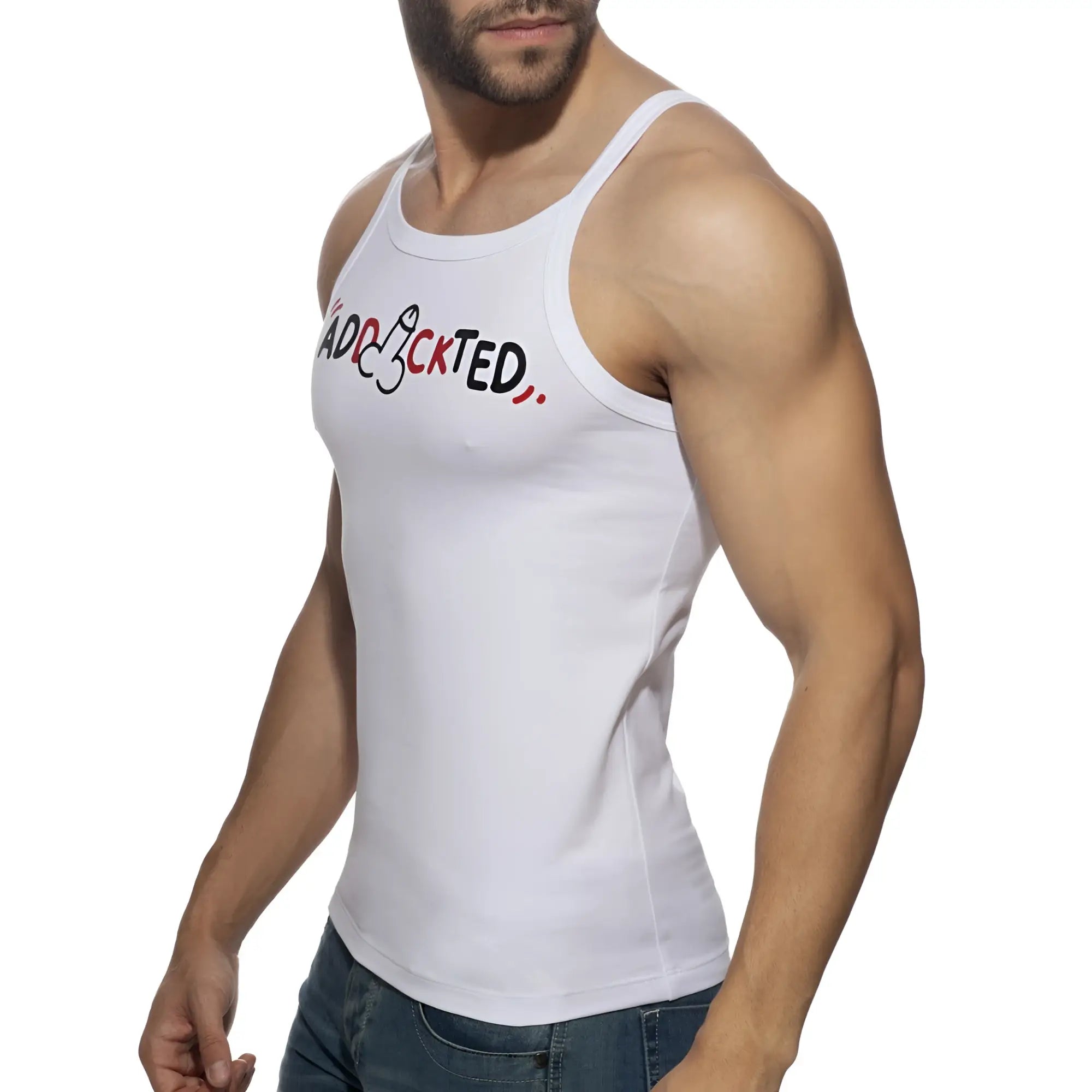 White tank top with black and red addicted lettering across the chest in dick addickted tank top design