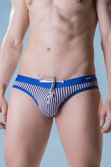 Dietz Isola Slip Bikini Swimwear SB0020 size L with blue and white striped swim trunks and solid blue waistband and drawstring
