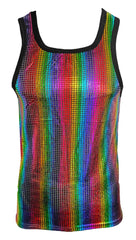 Disco queen tank rainbow holographic mesh tank top with black trim perfect for party or festival wear