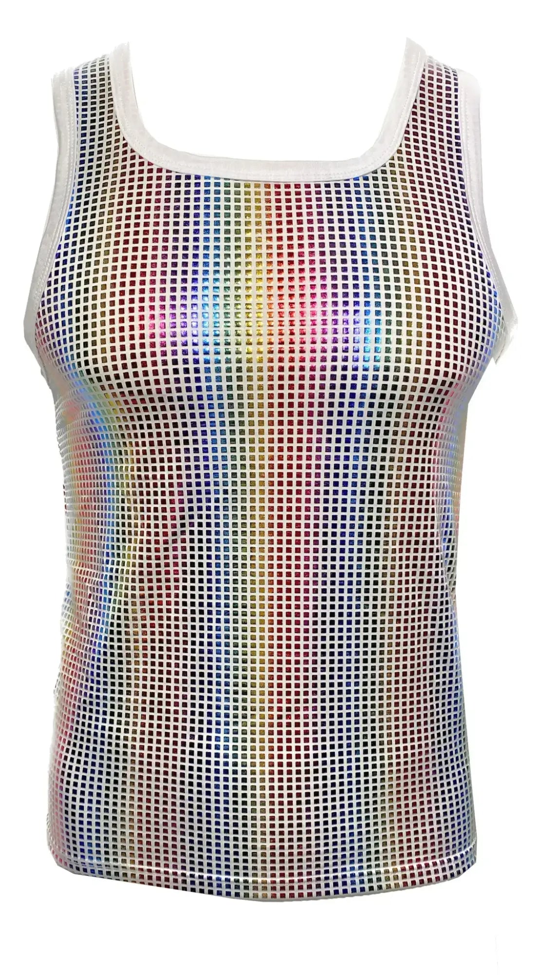 Disco queen tank rainbow holographic mesh tank top with white trim for vibrant festival and party wear