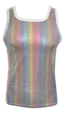 Disco queen tank rainbow holographic mesh tank top with white trim for vibrant festival and party wear