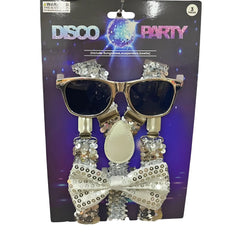 Disco sequin kit with shiny silver sequined sunglasses suspenders and bowtie party accessory set