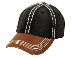 Distressed washed denim two tone cap featuring black denim with brown leather brim and white stitching