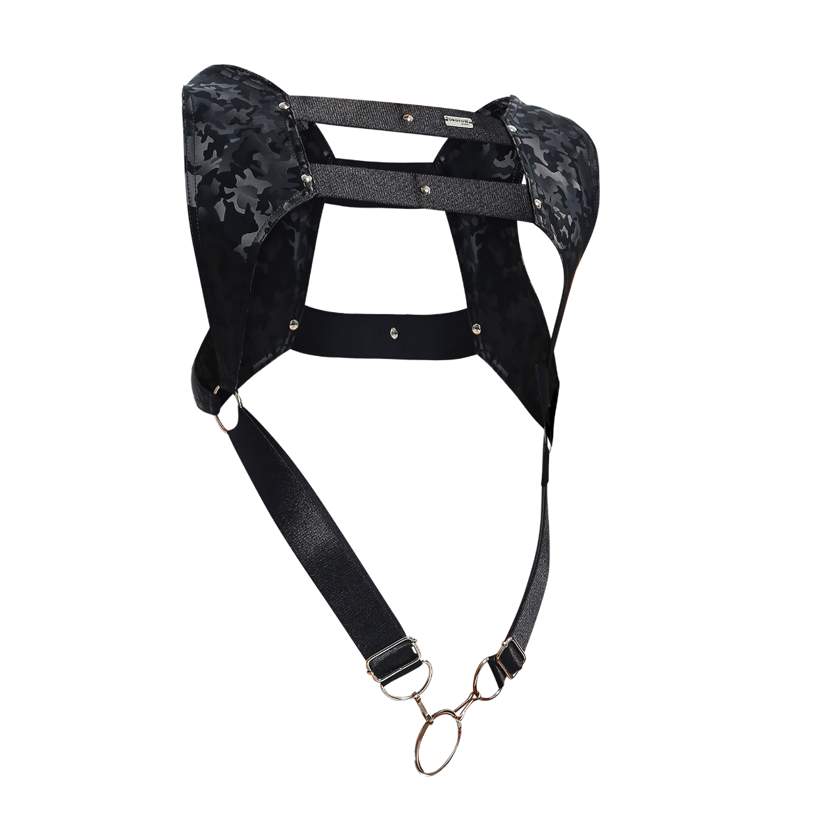 Dngeon croptop harness camo black camouflage pattern with metallic hardware and adjustable straps for a secure fit