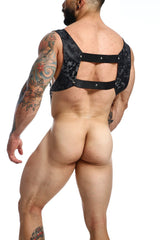 Black lace dngeon croptop harness camo bodysuit with open back and adjustable straps shown from the back side