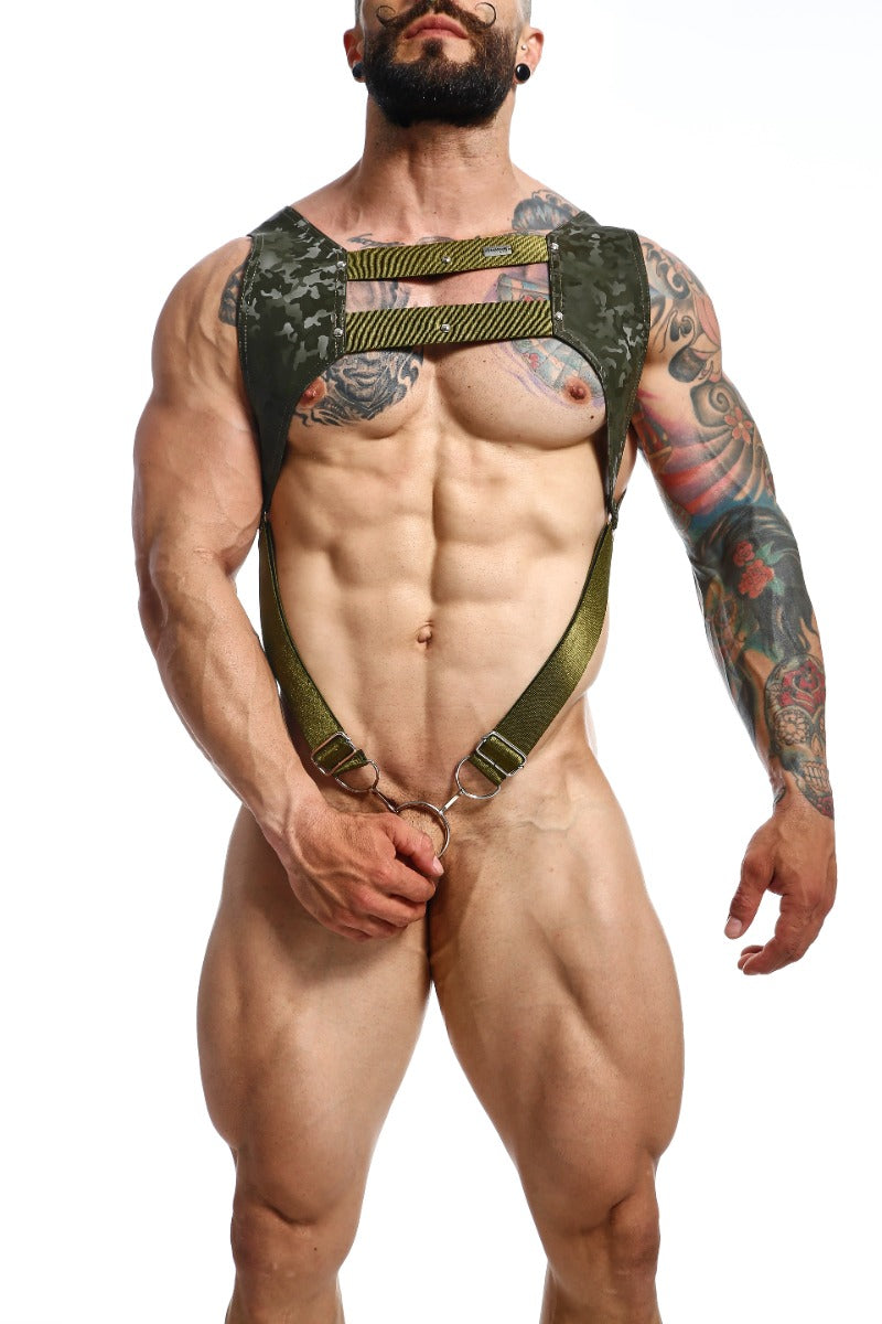 Dngeon croptop harness camo in green camouflage with reinforced straps and metal hardware for durable wear