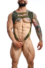 Dngeon croptop harness camo in green camouflage with reinforced straps and metal hardware for durable wear
