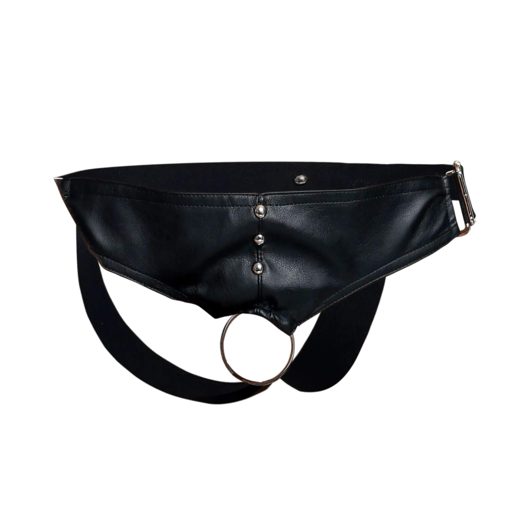 Black leather belt bag with silver metal studs and circular ring featured in DNGEON C-ring Jockstrap product