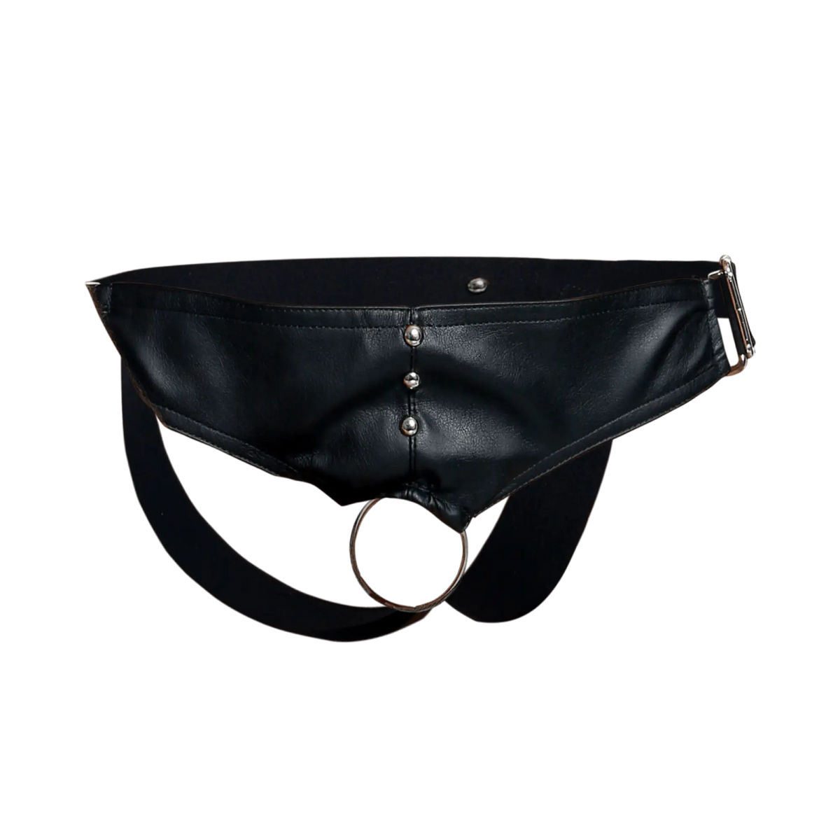 Black leather belt bag with silver metal studs and circular ring featured in DNGEON C-ring Jockstrap product