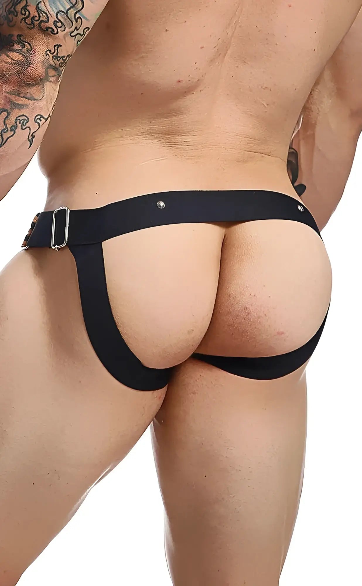 Black leather-style harness briefs with silver metal buckle and rivets from dngeon c-ring jockstrap collection