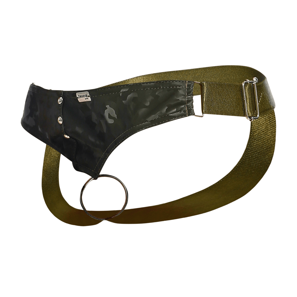 Olive green utility belt with black camouflage leather patch and silver metal buckle in dngeon c ring jockstrap camo
