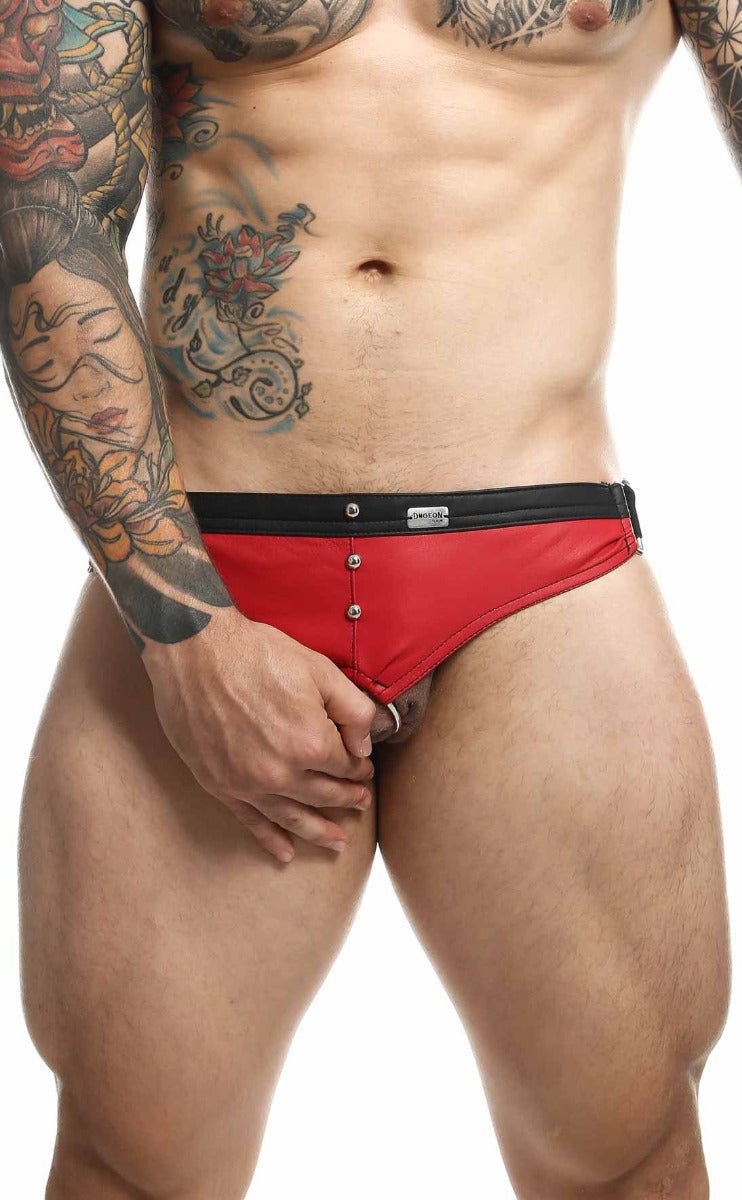 Dngeon c-ring jockstrap men’s briefs in red and black with button closure designed for support and comfort
