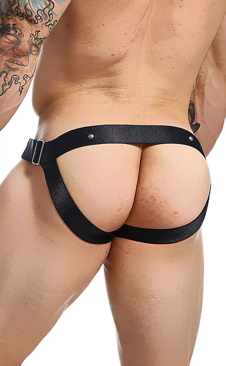 Black satin-like DNGEON C-ring jockstrap briefs with silver-toned buckle and two small metallic studs