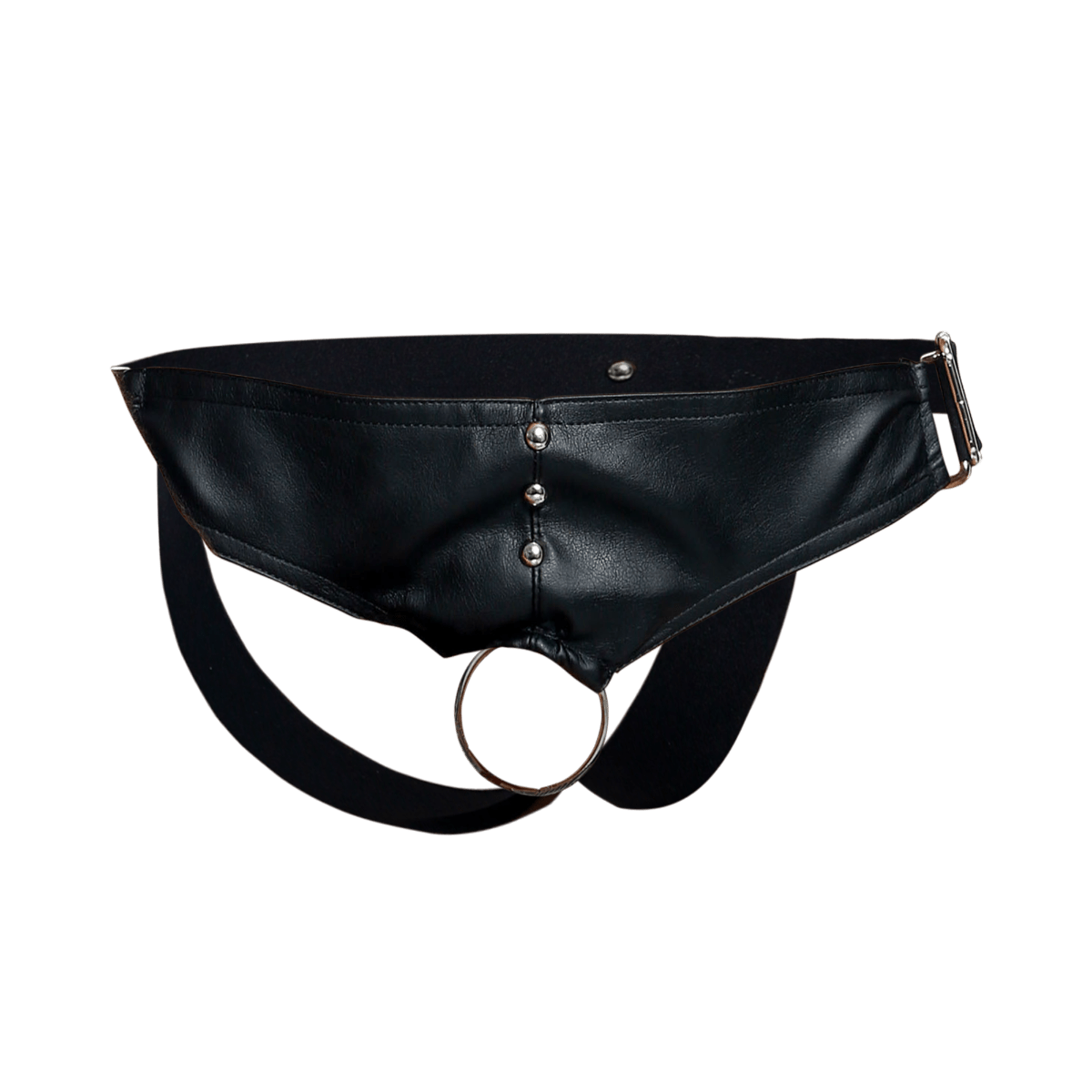 Black leather belt bag with silver metal studs and circular ring featured in DNGEON C-ring Jockstrap product