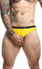 Bright yellow dngeon C-ring jockstrap swim trunks with black waistband and silver button closures in front view