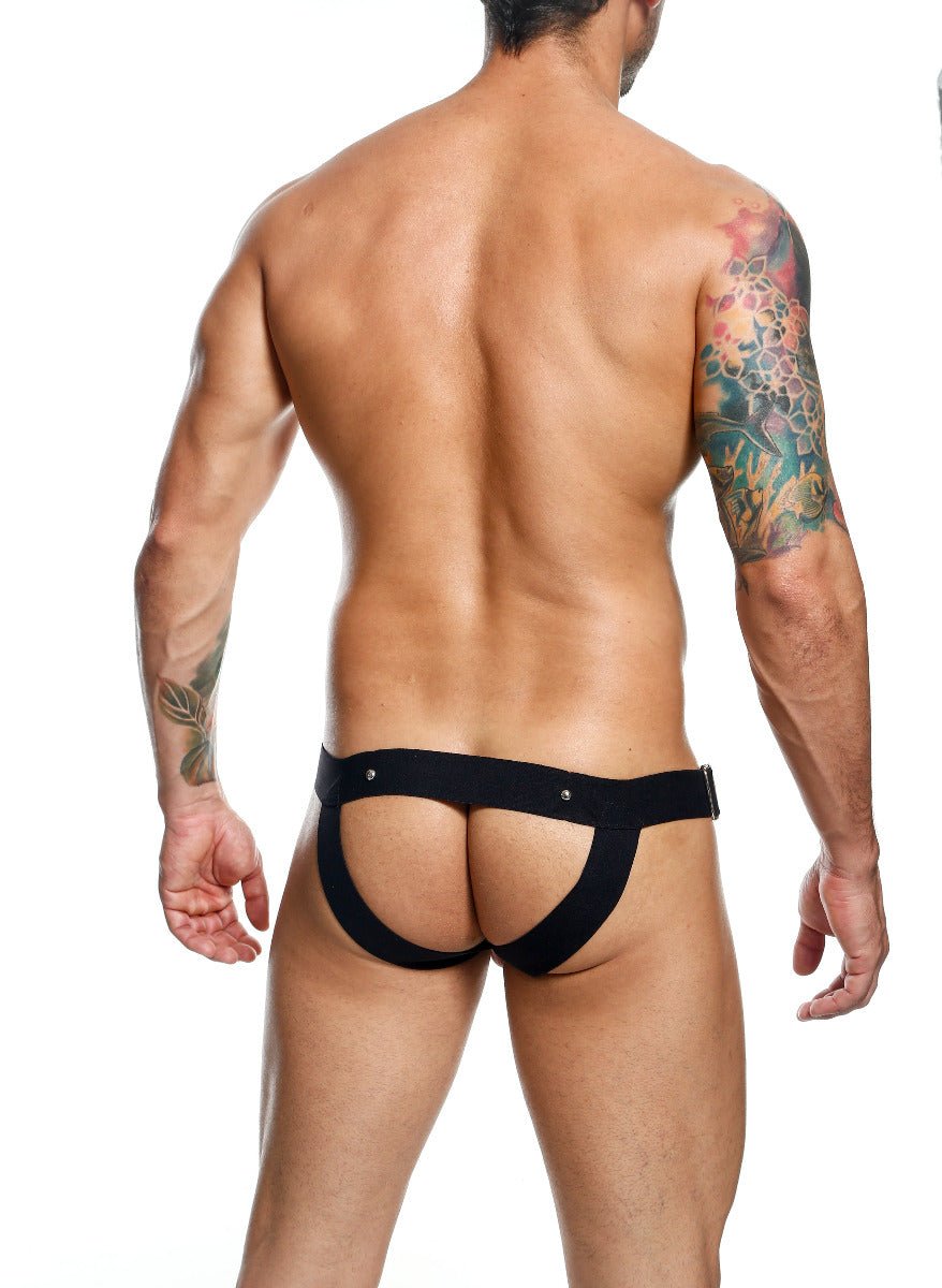 Black sleek form-fitting DNGEON C-ring jockstrap briefs with supportive waistband and silver-toned hardware