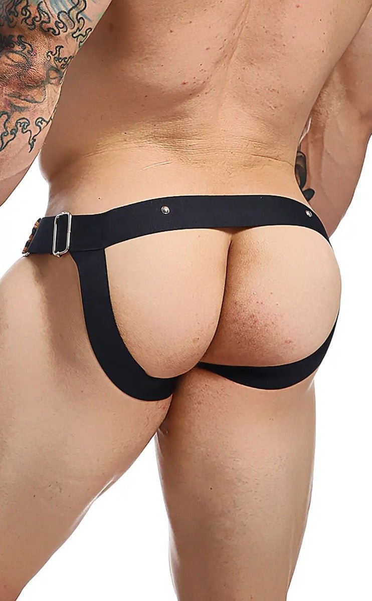 Black leather-style harness briefs with silver metal buckle and rivets from dngeon c-ring jockstrap collection
