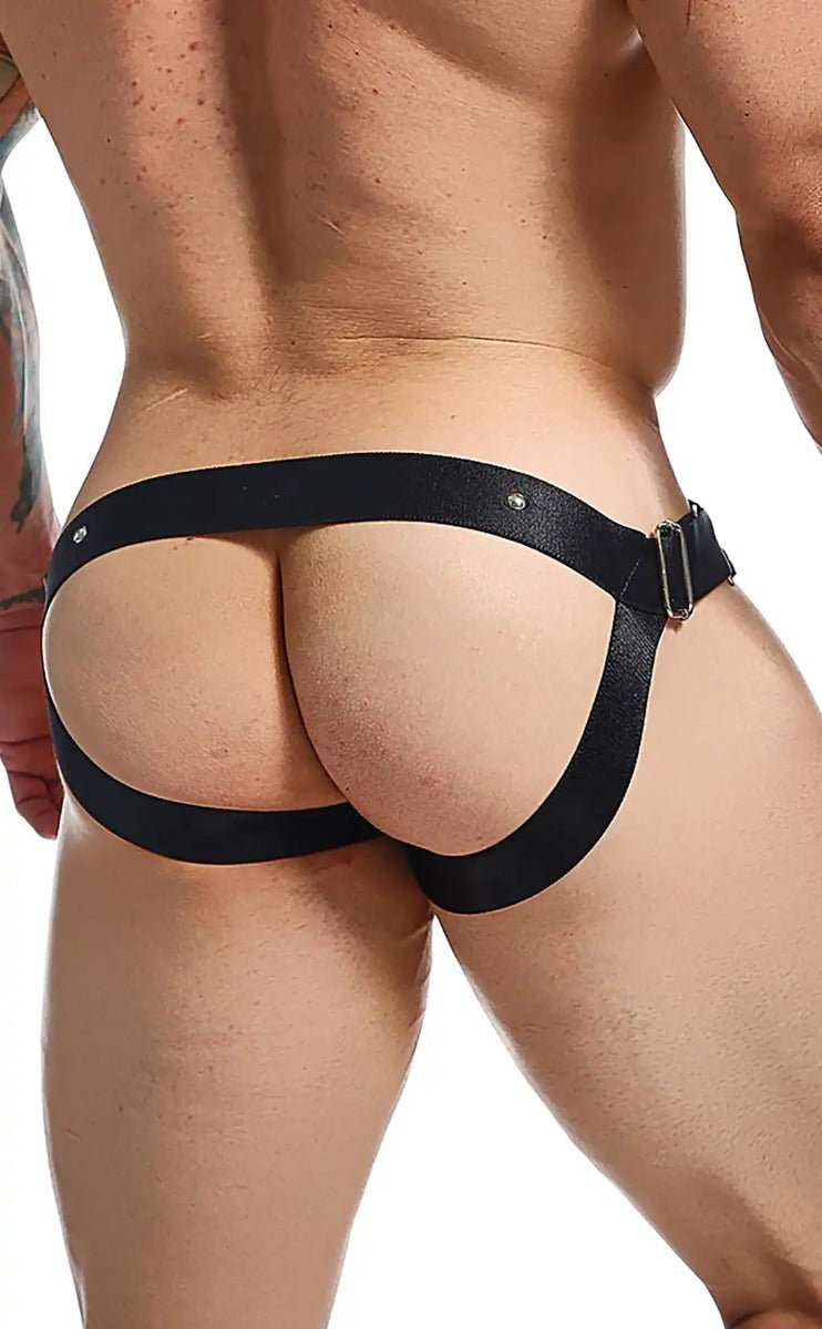 Black leather DNGEON C-ring jockstrap briefs featuring a metallic buckle and silver rivets