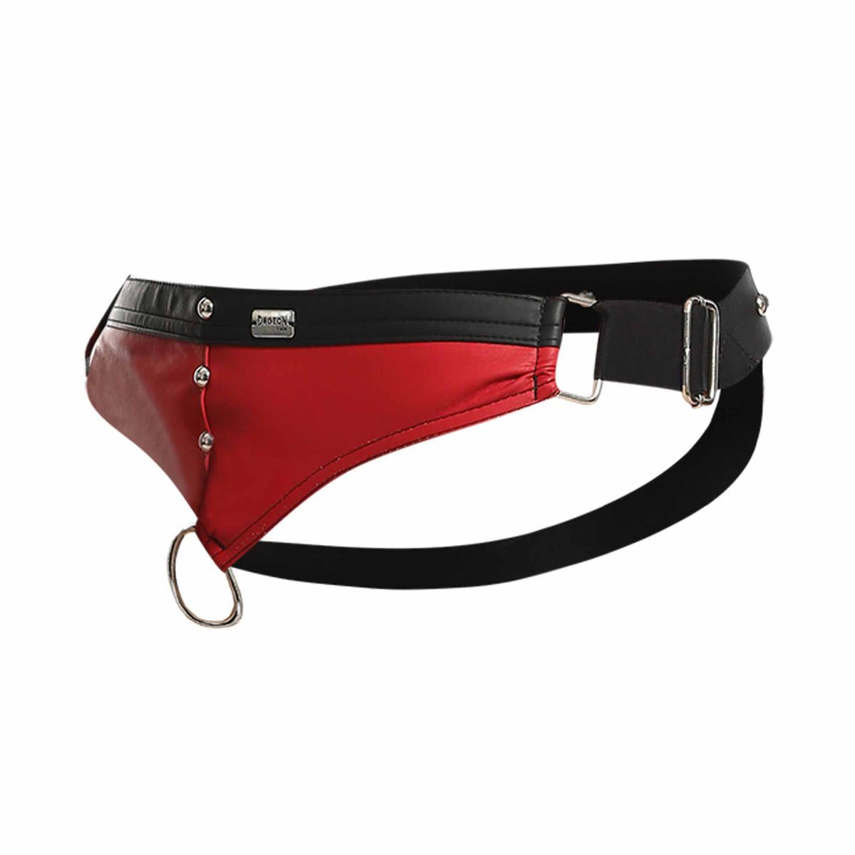 Red and black leather thong belt with silver hardware for DNGEON C-ring jockstrap visible from the back side