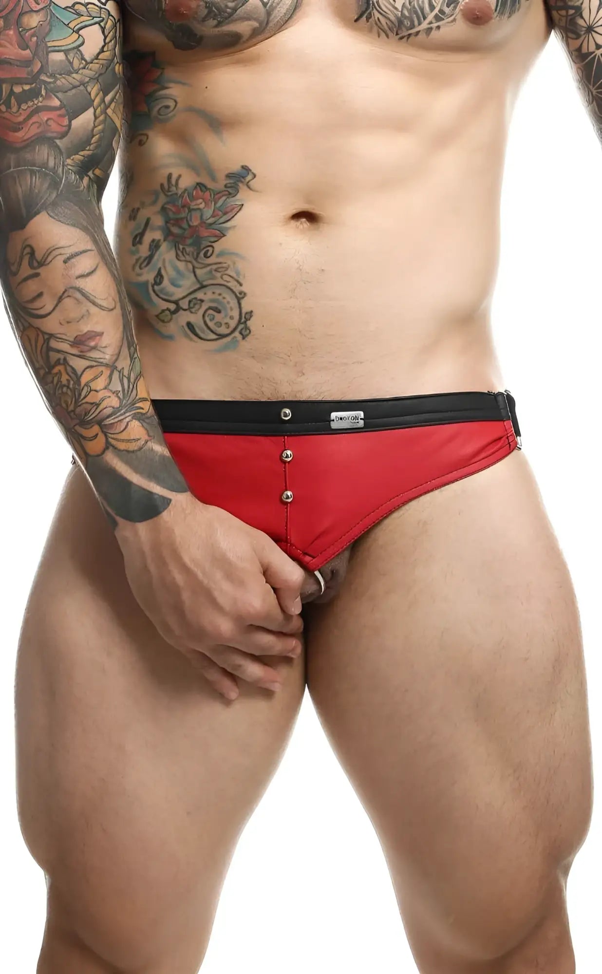 Dngeon c-ring jockstrap men’s briefs in red and black with button closure designed for support and comfort