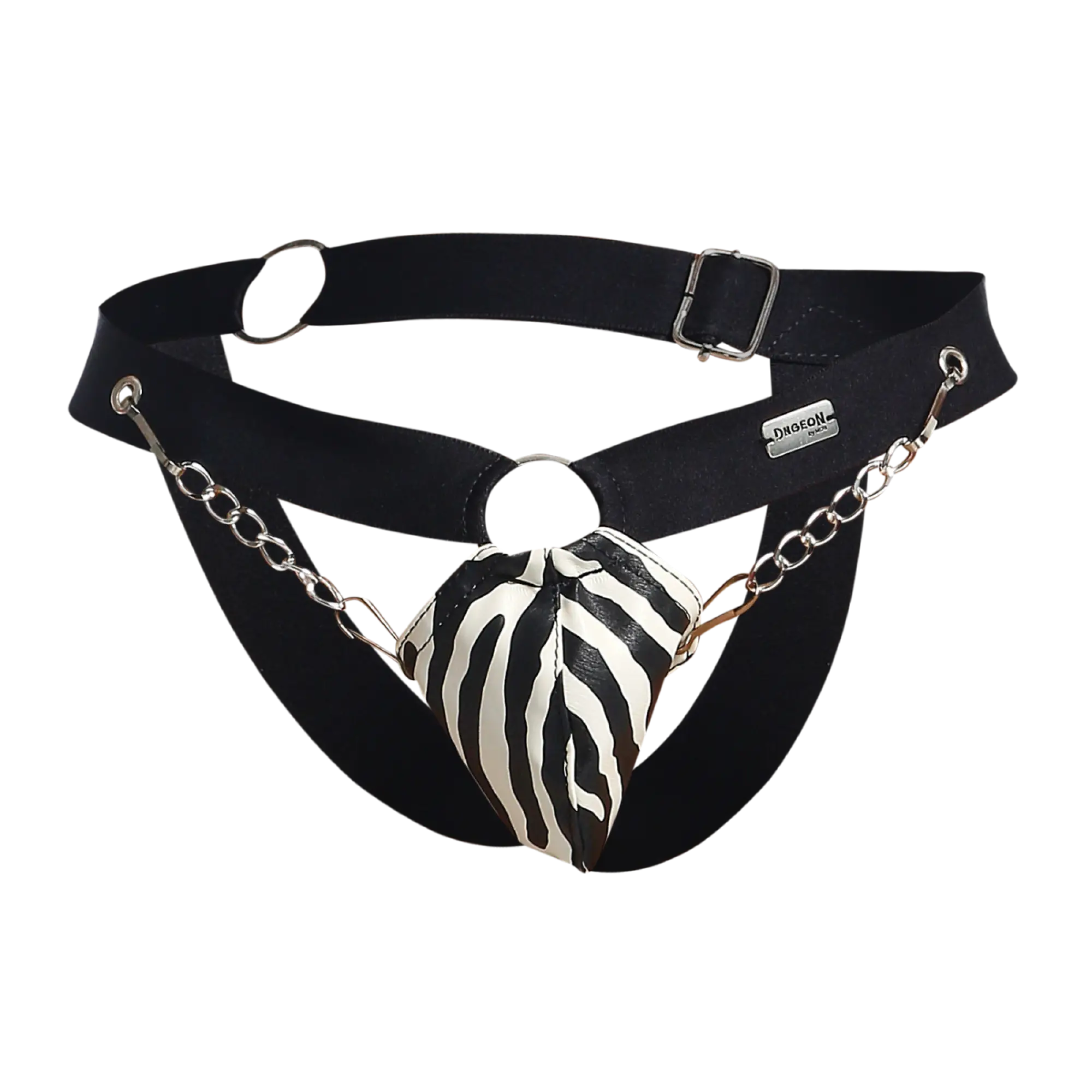 Black leather dngeon chain jockstrap with zebra-striped heart-shaped pouch attached by silver chains