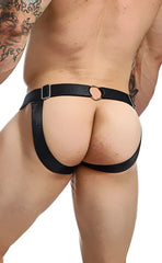 Black satin harness style briefs with metal ring and buckle dngeon chain jockstrap animal front view
