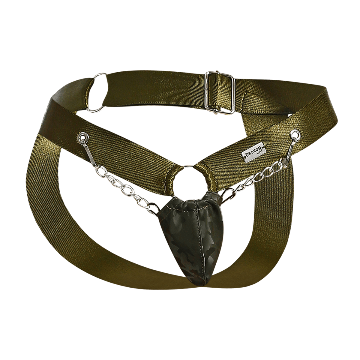 Olive green dngeon chain jockstrap with metallic chain and camouflage pouch for edgy athletic wear