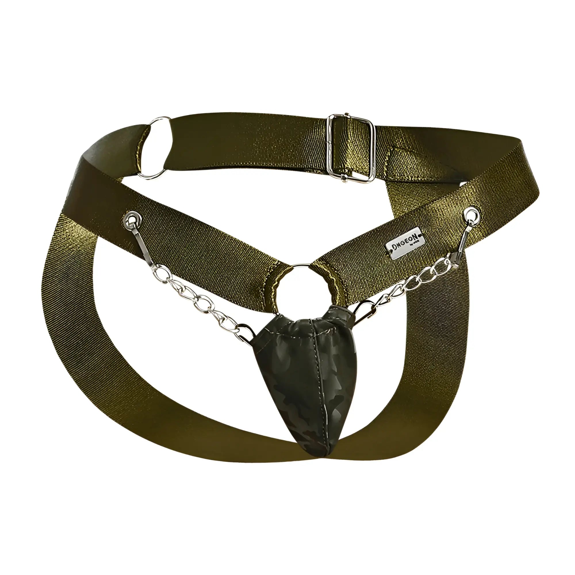 Olive green dngeon chain jockstrap with metallic chain and camouflage pouch for edgy athletic wear