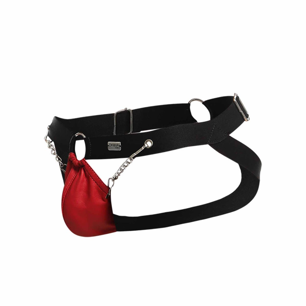 Dngeon chain jockstrap with black leather harness and vibrant red satin pouch attached by silver chain