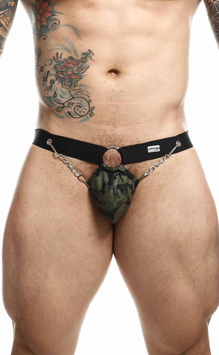 Black leather thong jockstrap by dngeon with camouflage pouch and silver chain detailing front view