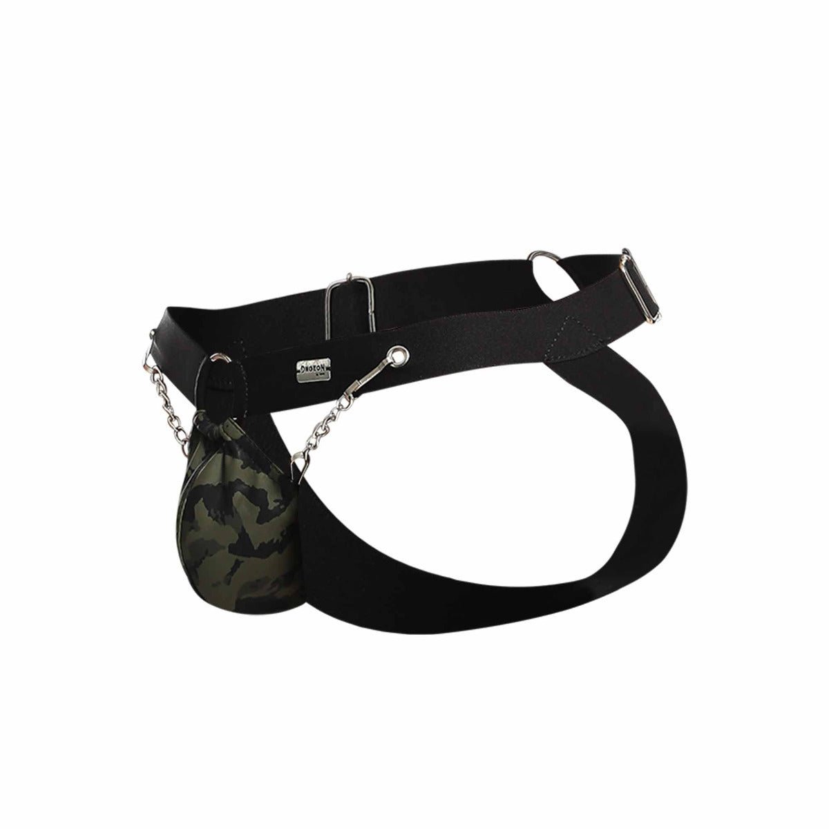 Black elastic belt with camouflage pouch attached by silver chain in the dngeon chain jockstrap product