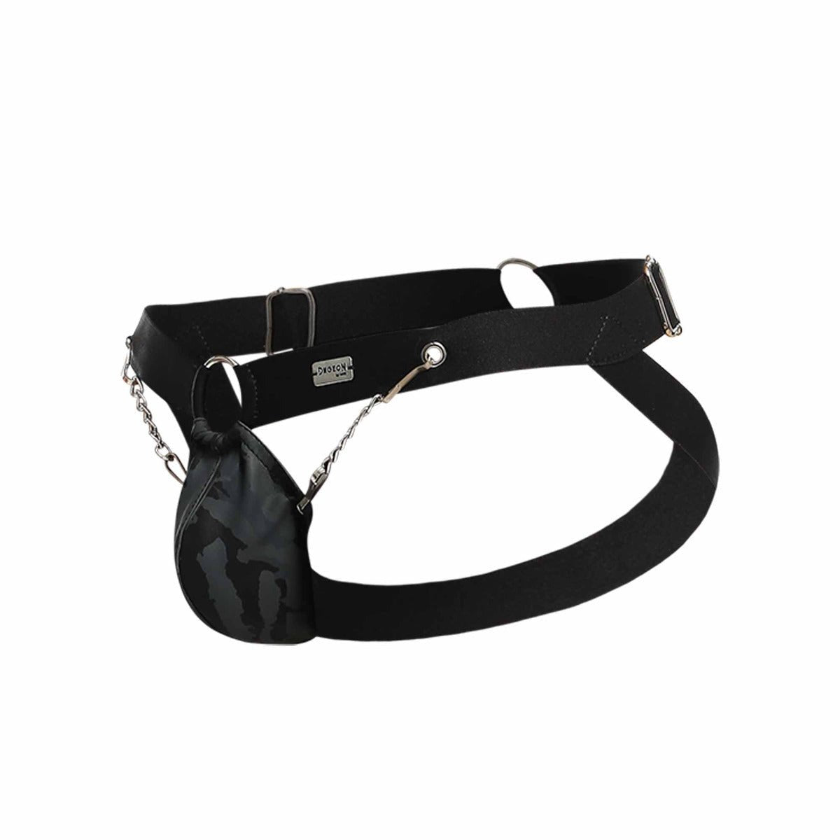 Black elastic belt with camouflage pouch attached by silver chain in DNGEON chain jockstrap product back view