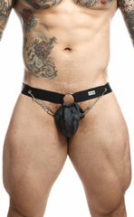 Black leather harness-style briefs with central ring and attached chains in the dngeon chain jockstrap design