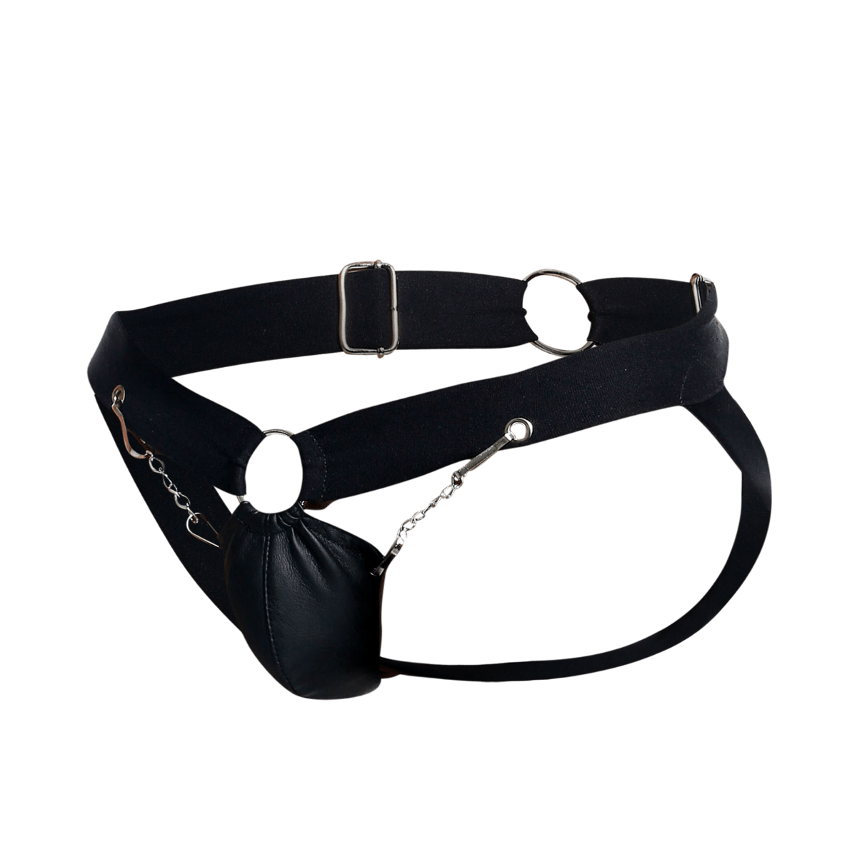 Black leather dngeon chain jockstrap with silver metal hardware and a dangling pouch front view