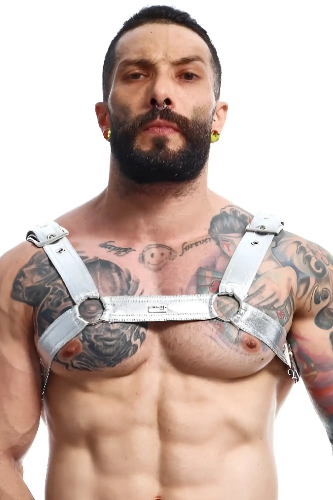 Silver metallic leather dngeon classic belt harness with adjustable straps and circular metal buckles