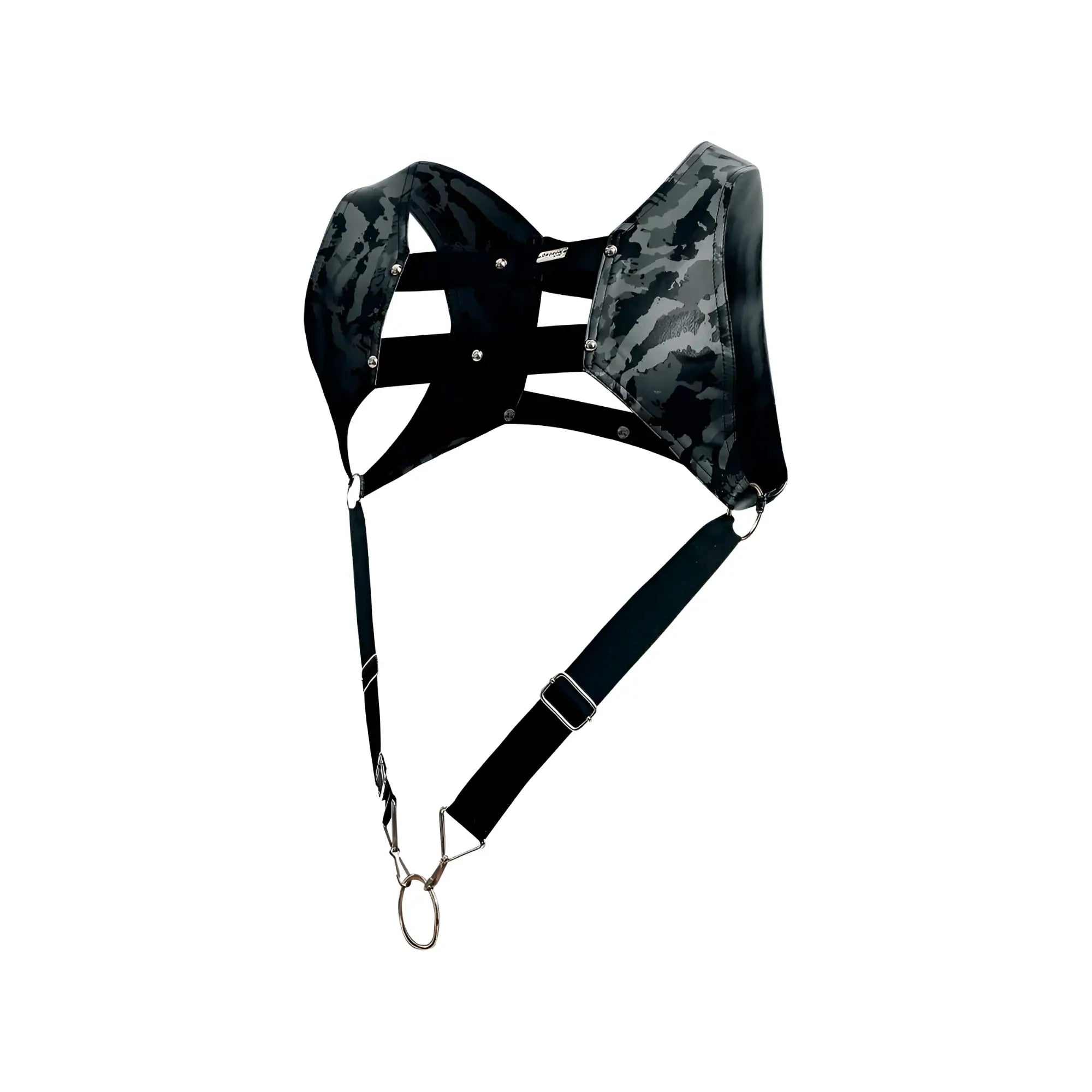 Dngeon croptop harness in black and gray camouflage with adjustable straps and metal hardware for a stylish fit