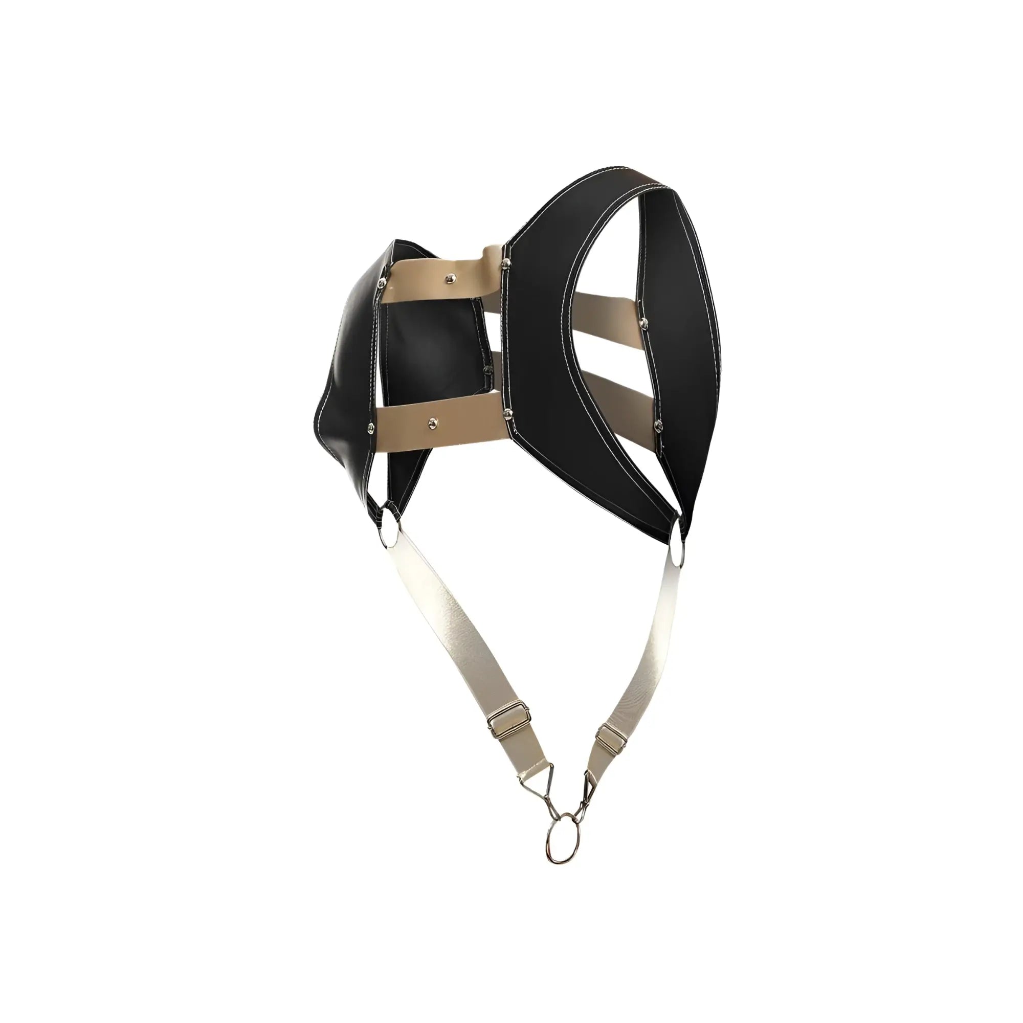 DnGeon croptop harness black leather with tan straps and metal hardware for edgy fashion style