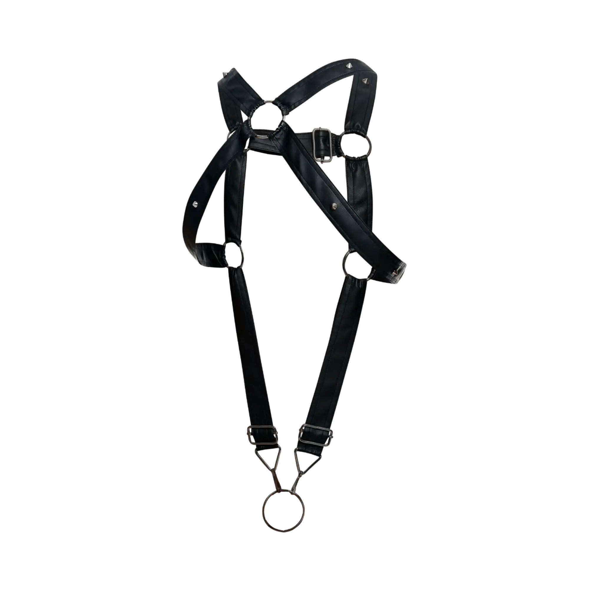 Black leather DNGEON Cross C-ring harness with silver metal hardware and adjustable straps shown from the back side