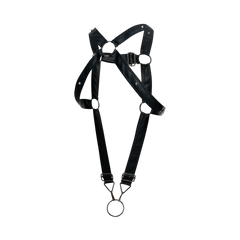 Black leather DNGEON Cross C-ring harness with silver metal hardware and adjustable straps shown from the back side